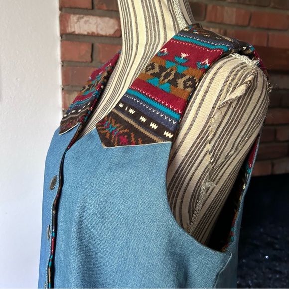 Vintage Handmade Western Aztec Print Denim Vest Sz M/L - Picture 6 of 9